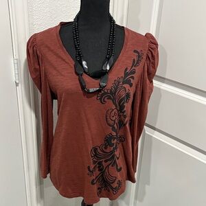 Chico's Rust Long Sleeve Top with Black Floral Design